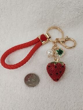 NWOT Red Braided Loop Keychain with Crystal Strawberry Charm